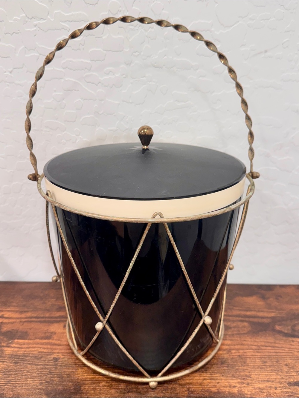 Vintage MCM 1960s Atomic Metal Cage Black Ice Bucket W/Starburst Lid-Mad Men 9”